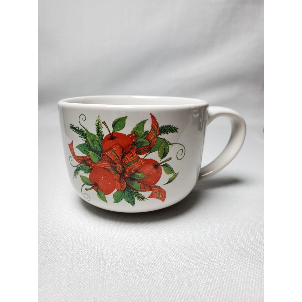 Vtg Christmas Mug Apples Plaid Ribbon DesignPac Ceramic‎ Coffee Cup Cottagecore